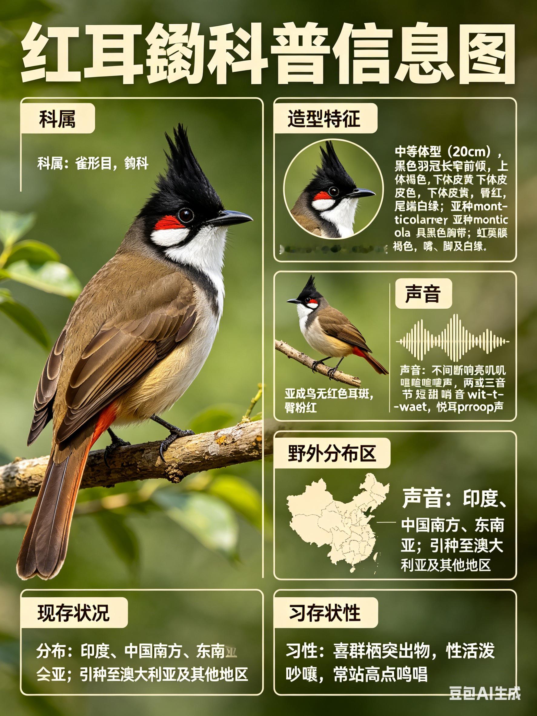 鸟类朋友图鉴红耳鹎·科属：雀形目，鹎科。·外形特征：中等体型（20cm）的鹎。