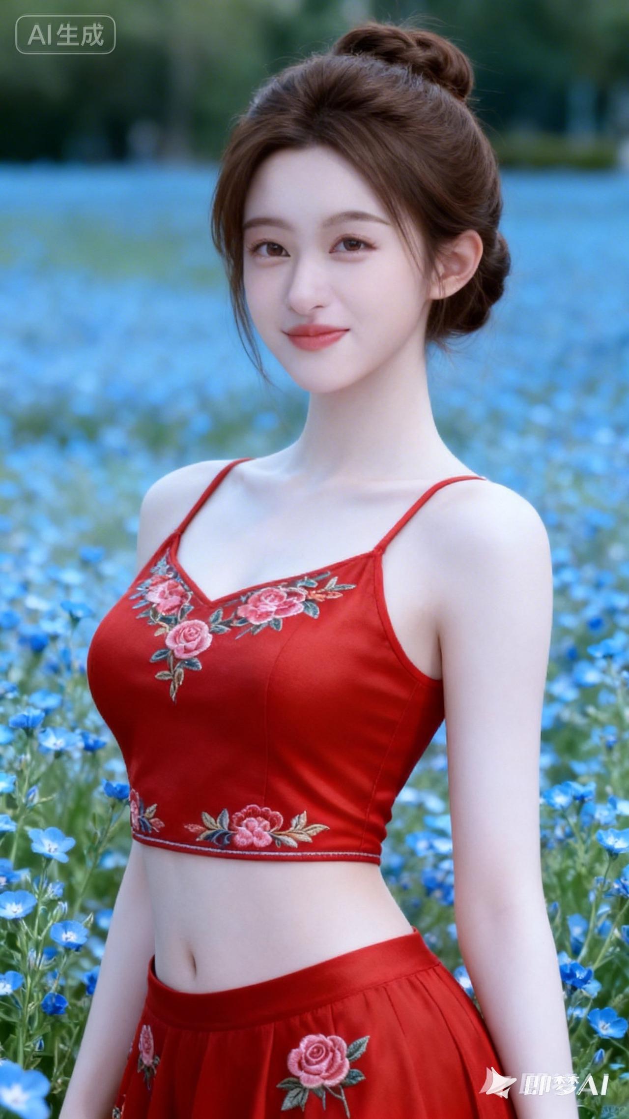 在花海中绽放，红衣少女惊艳绽放！🌸💃