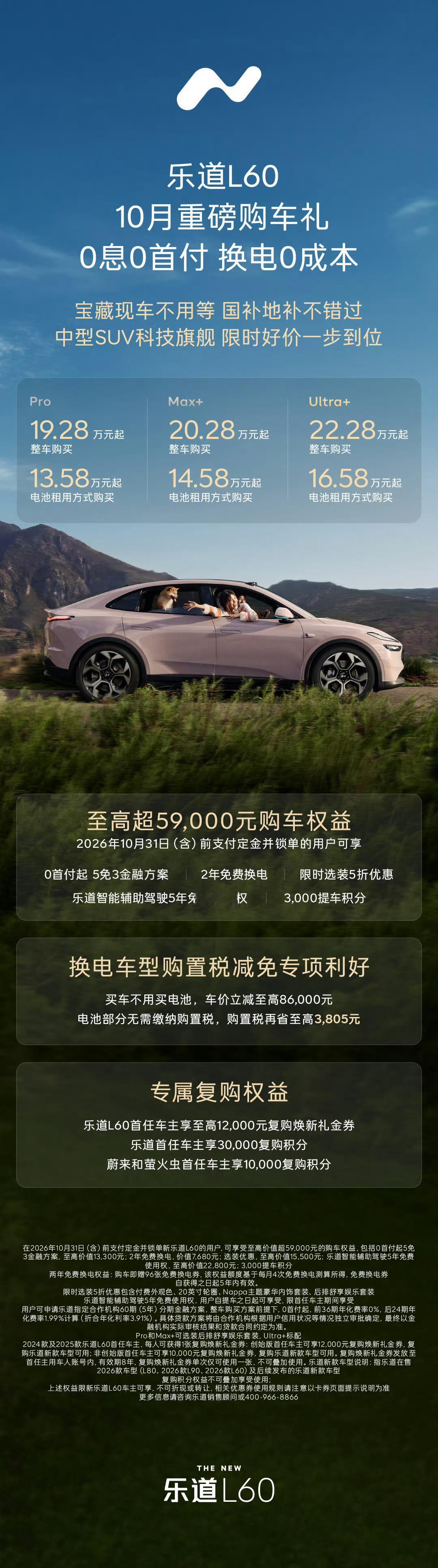 蔚来乐道L60十月政策0息0首付，两年免费换电（96张换电券，值个12000
