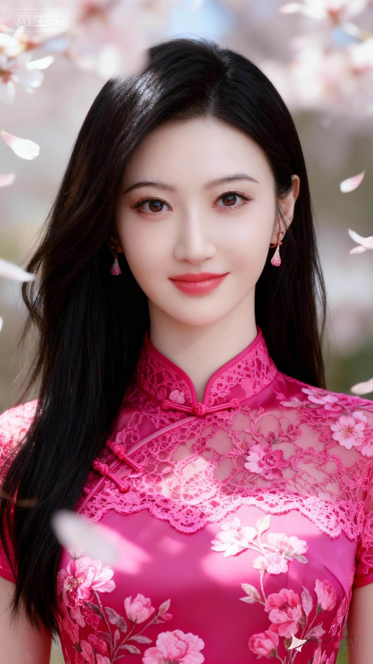 樱花树下，少女如花，粉裙飘逸，春意盎然。