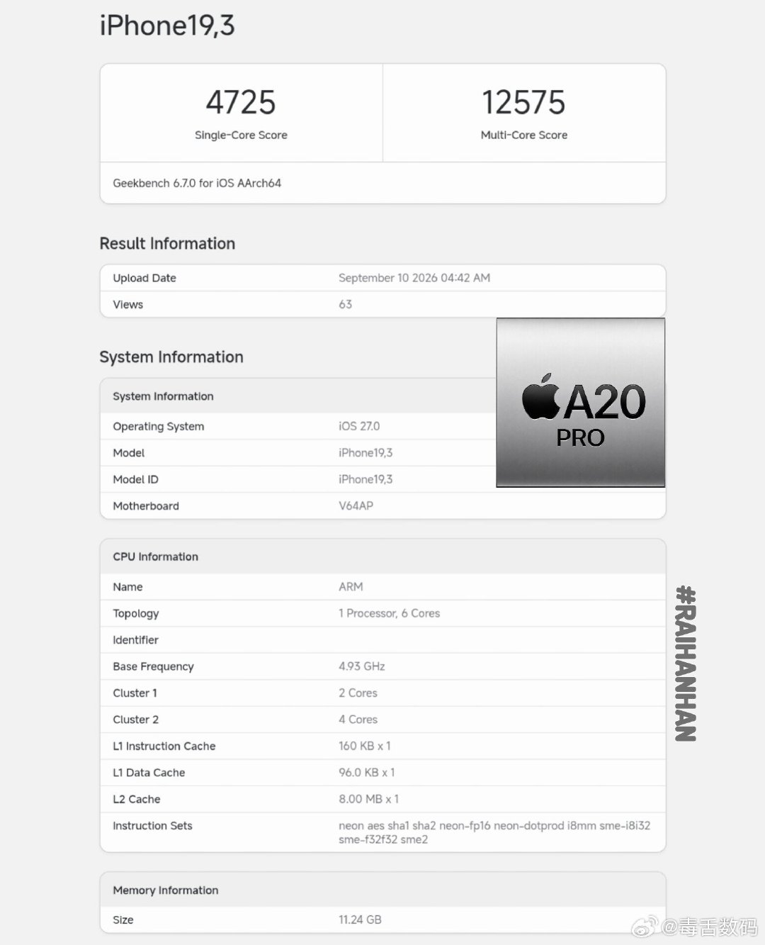 苹果A20Pro的Geekbench跑分曝光：A20Pro的单核4725，多核12575。作为对比：