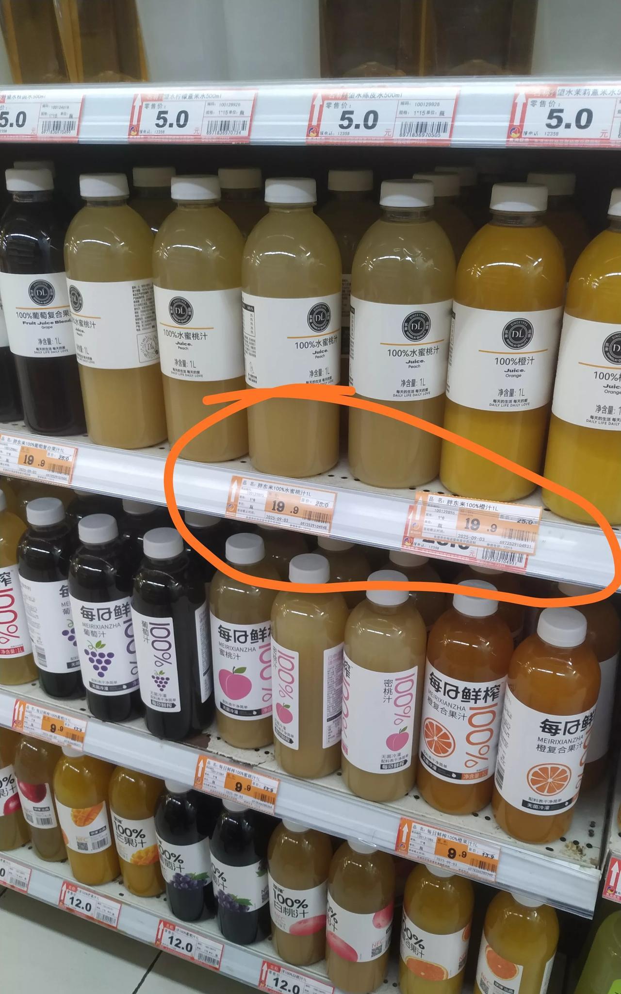 胖东来的东西是真贵啊[捂脸哭]刚去超市，发现DL的1升果汁售价19元，同区饮料