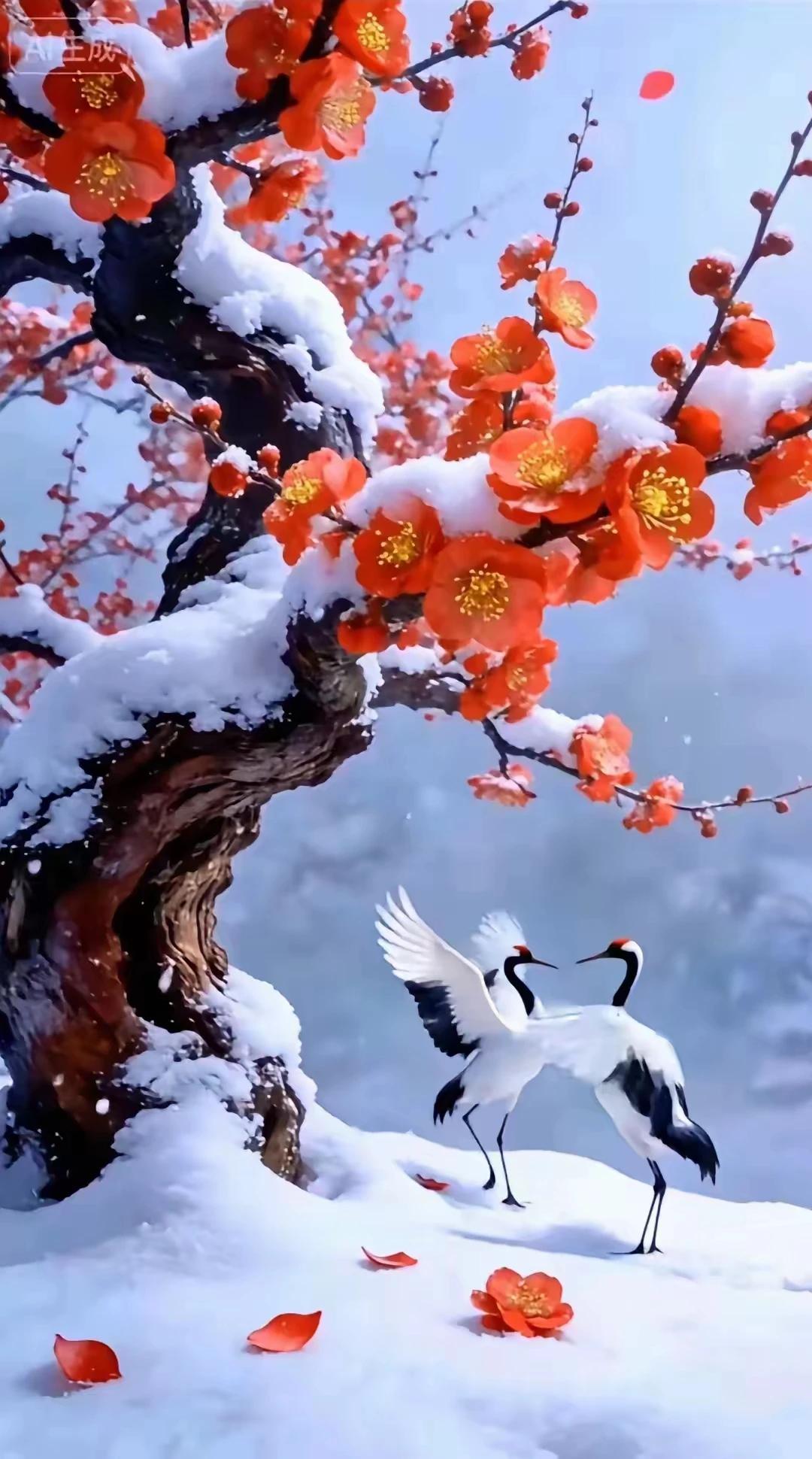 我问寒梅几度开寒梅答我耐霜来傲雪寒梅花自开琼花飞舞暗香来