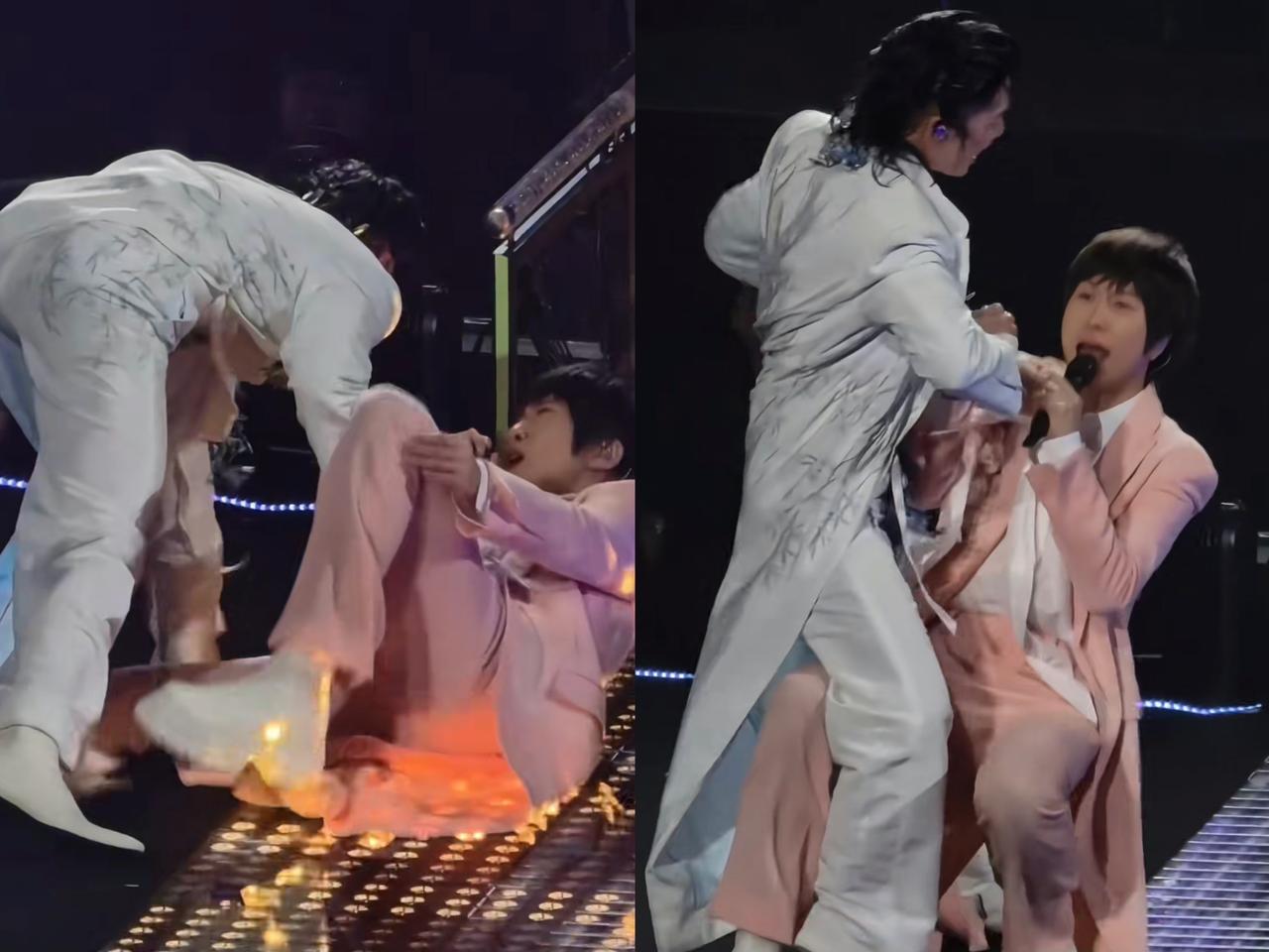 阿信和F3的演唱会上，阿信又摔倒了，不是舞台的原因，也不是灯光的原因，而