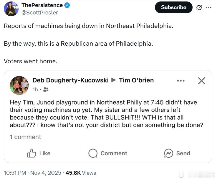 斯科特·普雷斯勒：有报告称，费城东北部的投票机出现故障。顺便说一句，这一带是共和