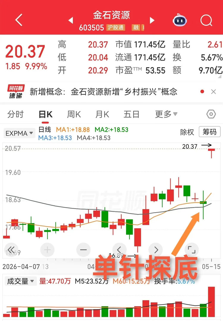单针探底，出现在适当的时间适当的位置时，一定要重视。中马传东和金石资源，周四都出