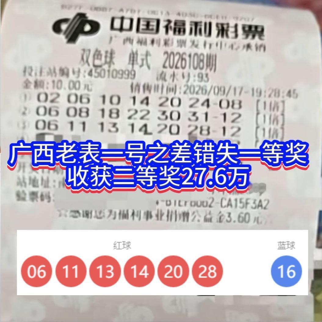 双色球26108期上演扎心一幕！广西彩友红球全对，蓝球一号之差擦肩而过千万头奖。