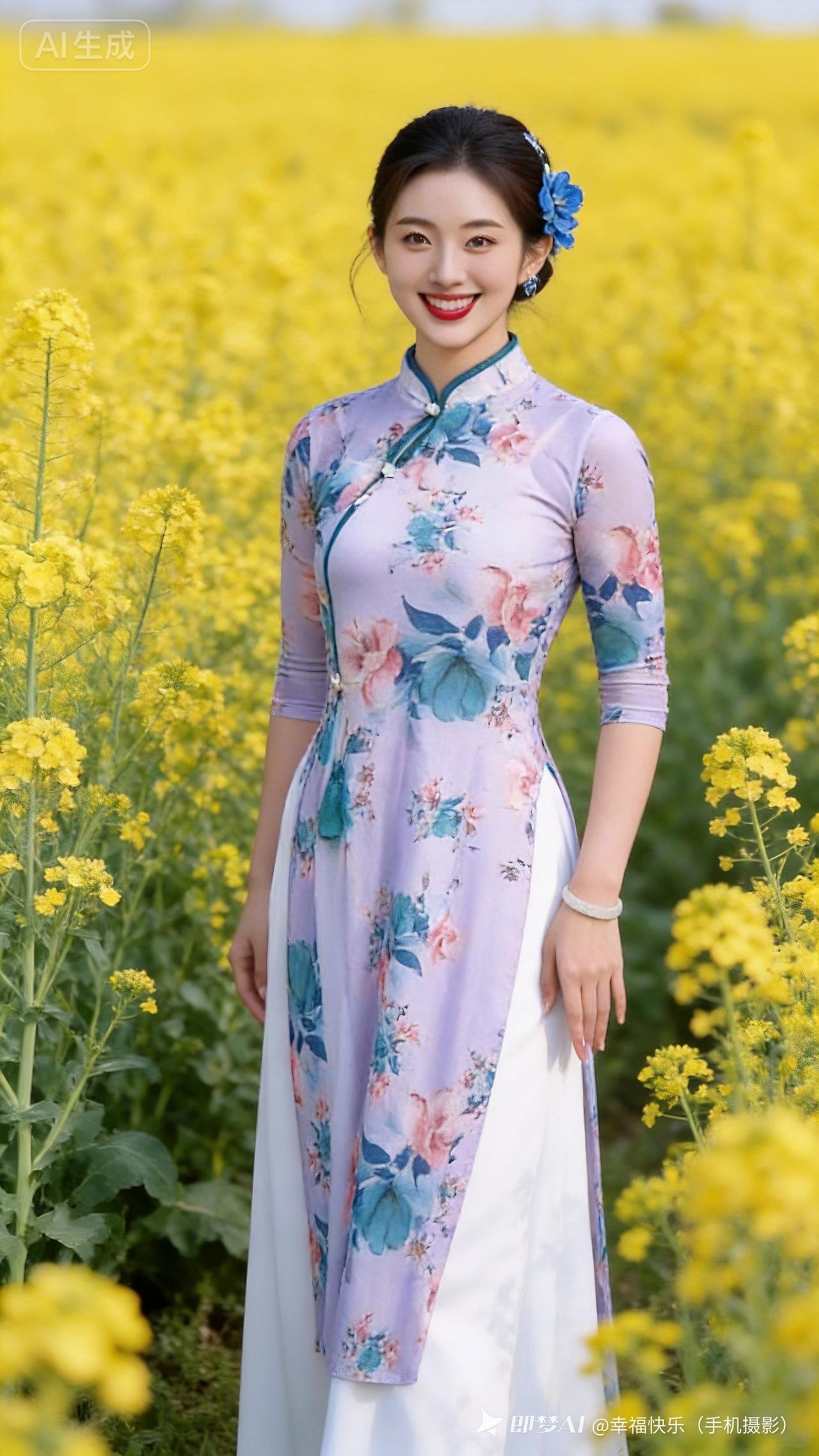 春日花田中的优雅旗袍，绽放出别样风情。