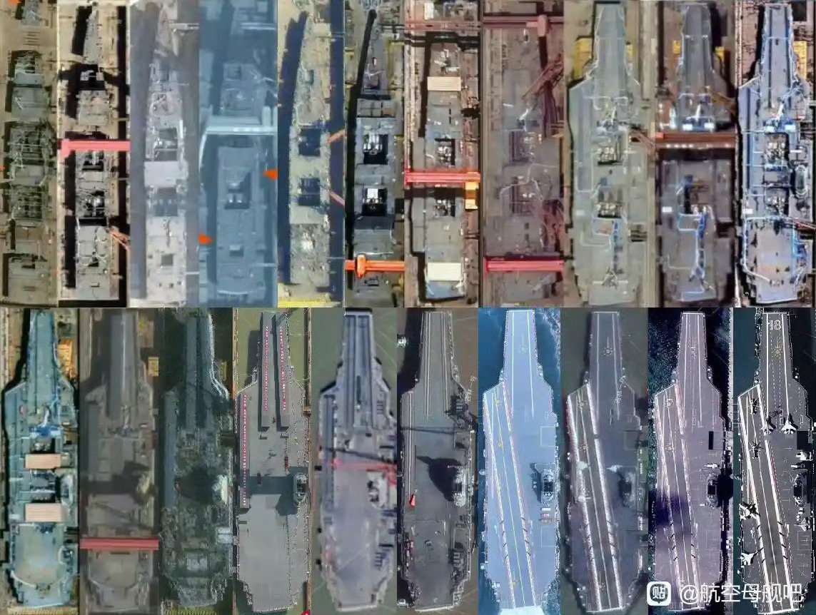 004建造进度可参考图二👉福建舰，上外飘意味着离舰体外观成型不远了，春节前应该能看到舰岛，下水还为