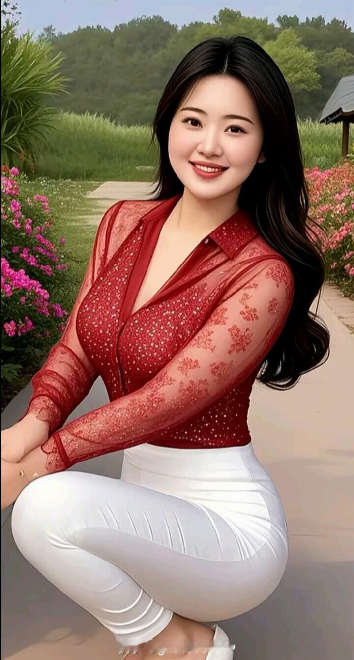 甜美红衣少女，花海中绽放迷人微笑🌸💖