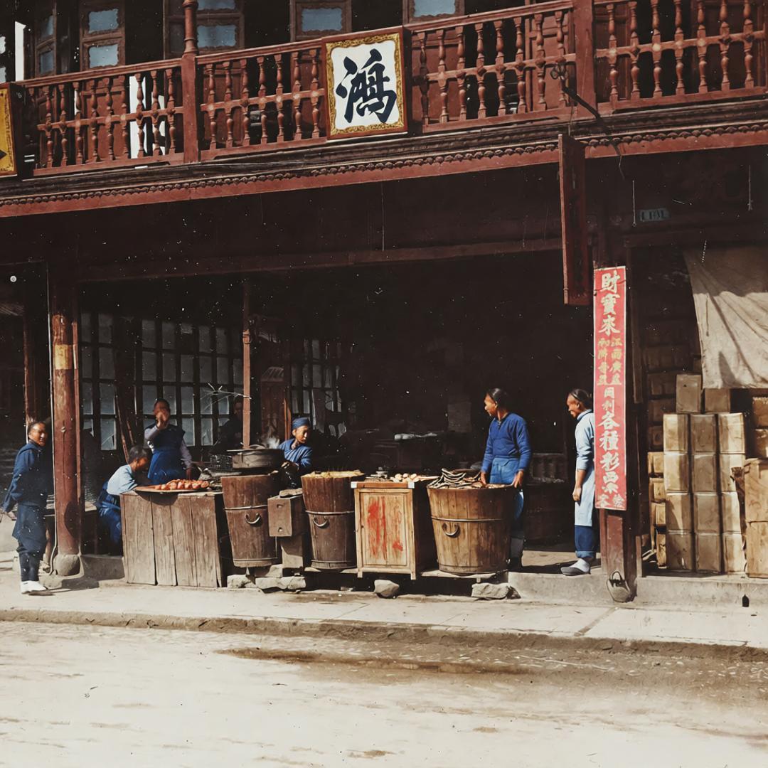 清末上海，老城街巷里的早餐摊，两层中式铺面的檐下，一楼支起了露天摊位。几只箍着