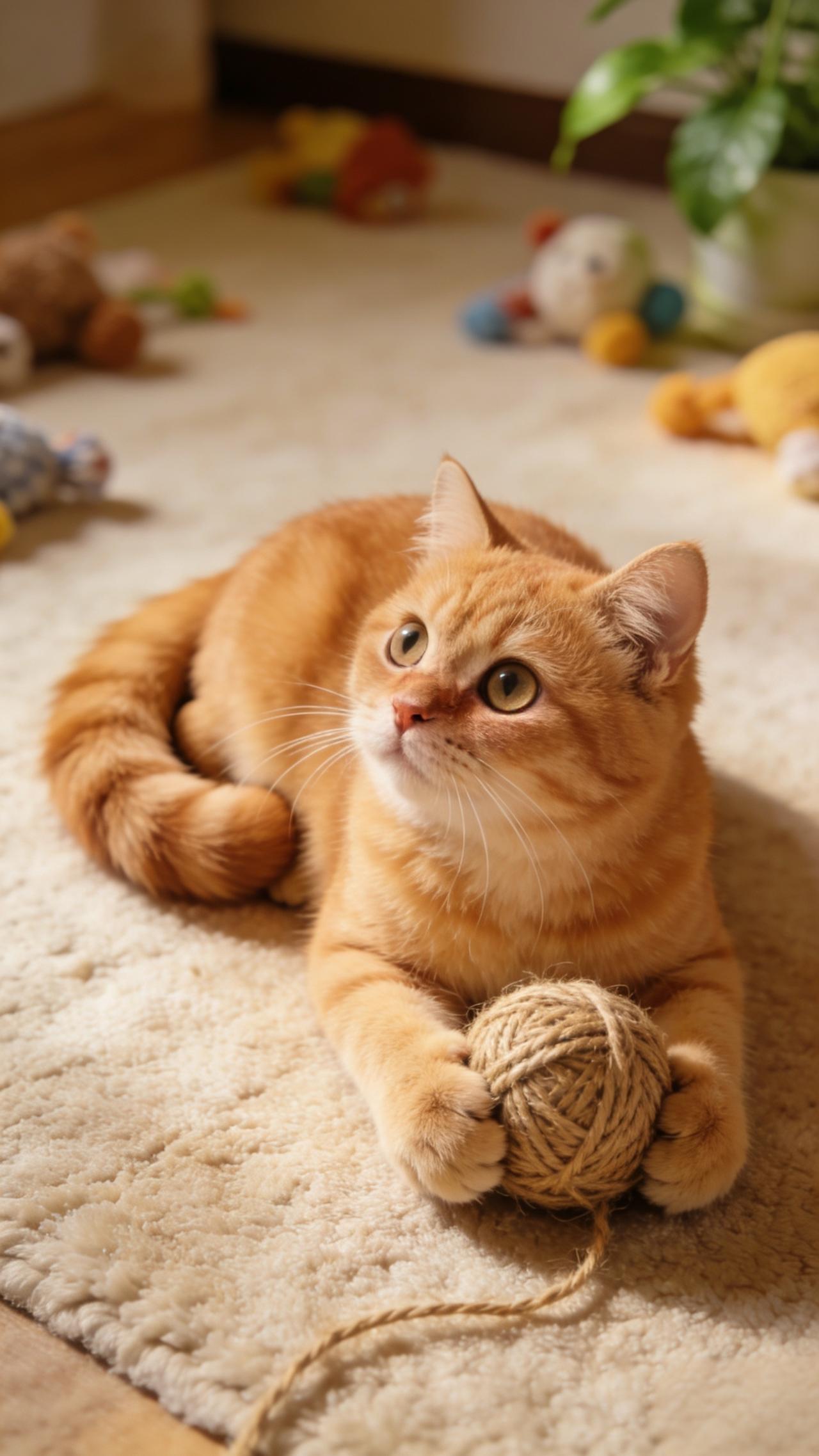 家里的小橘猫又开始玩毛线球啦，圆滚滚的身子配上亮晶晶的眼睛，心都要被它萌化了～