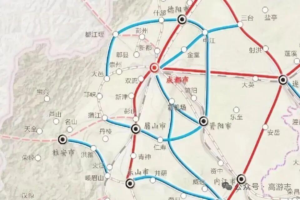 原来雅自铁路和绵内铁路组成了成都的大外环铁路交通，成都外环铁路串联起成德眉资经济