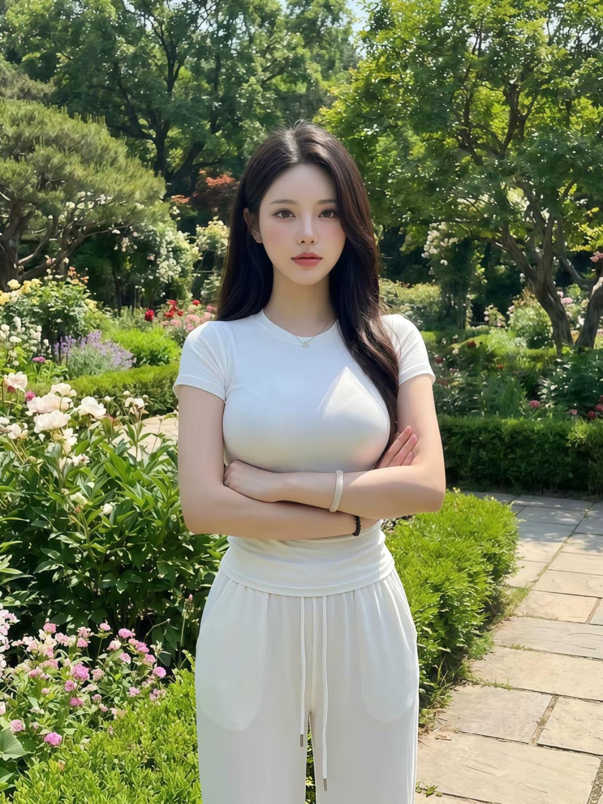 珍珠白OOTD，温柔又显身材✨在小区小花园随便走走，阳光正好，风也软软的。