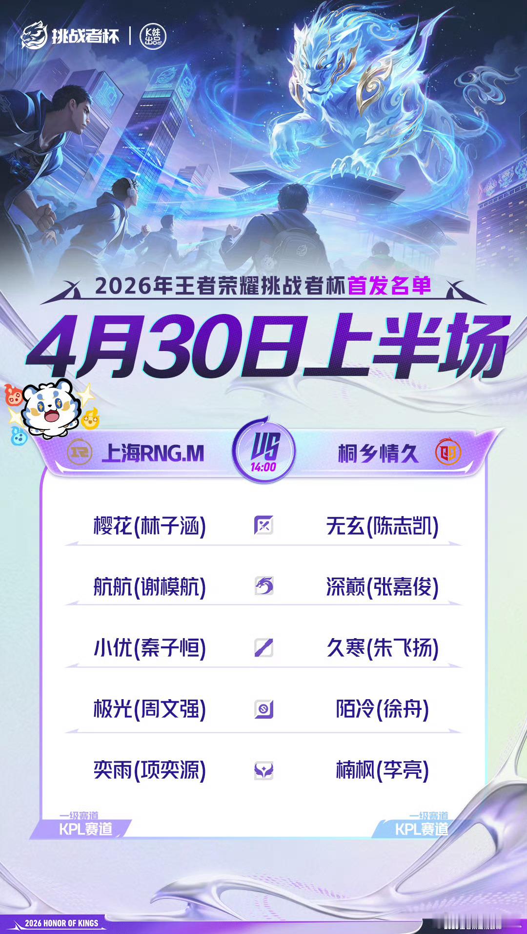 2026王者荣耀挑战者杯｜首发名单：今天解说席上半场：李九北岛解说席下半场：