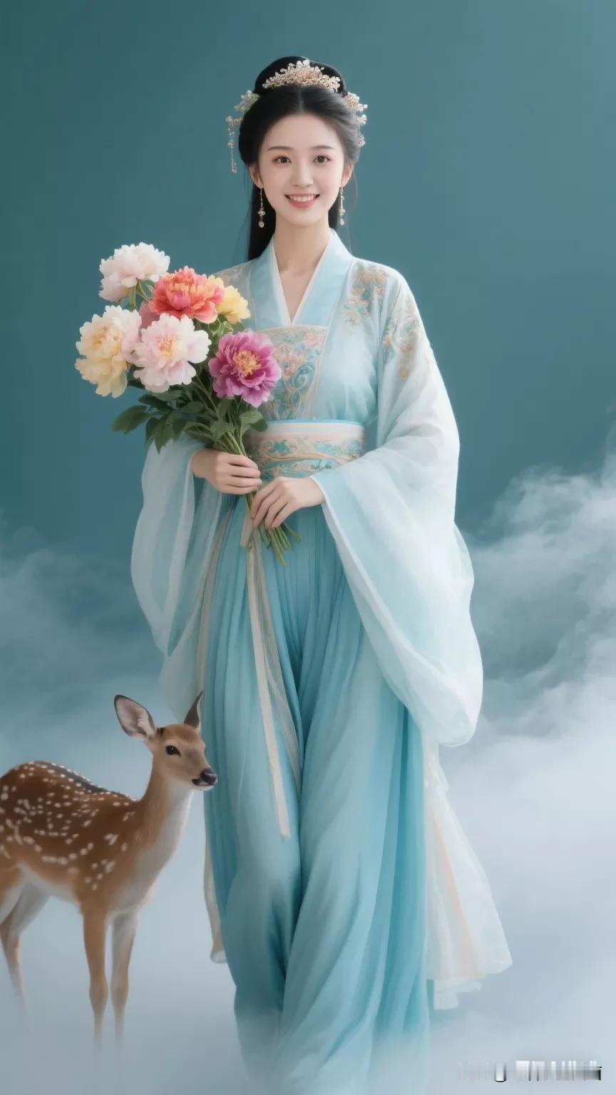 仙气飘飘的汉服美人与小鹿相伴，花团锦簇，美不胜收！🌸💕张立启原创书画AI作品