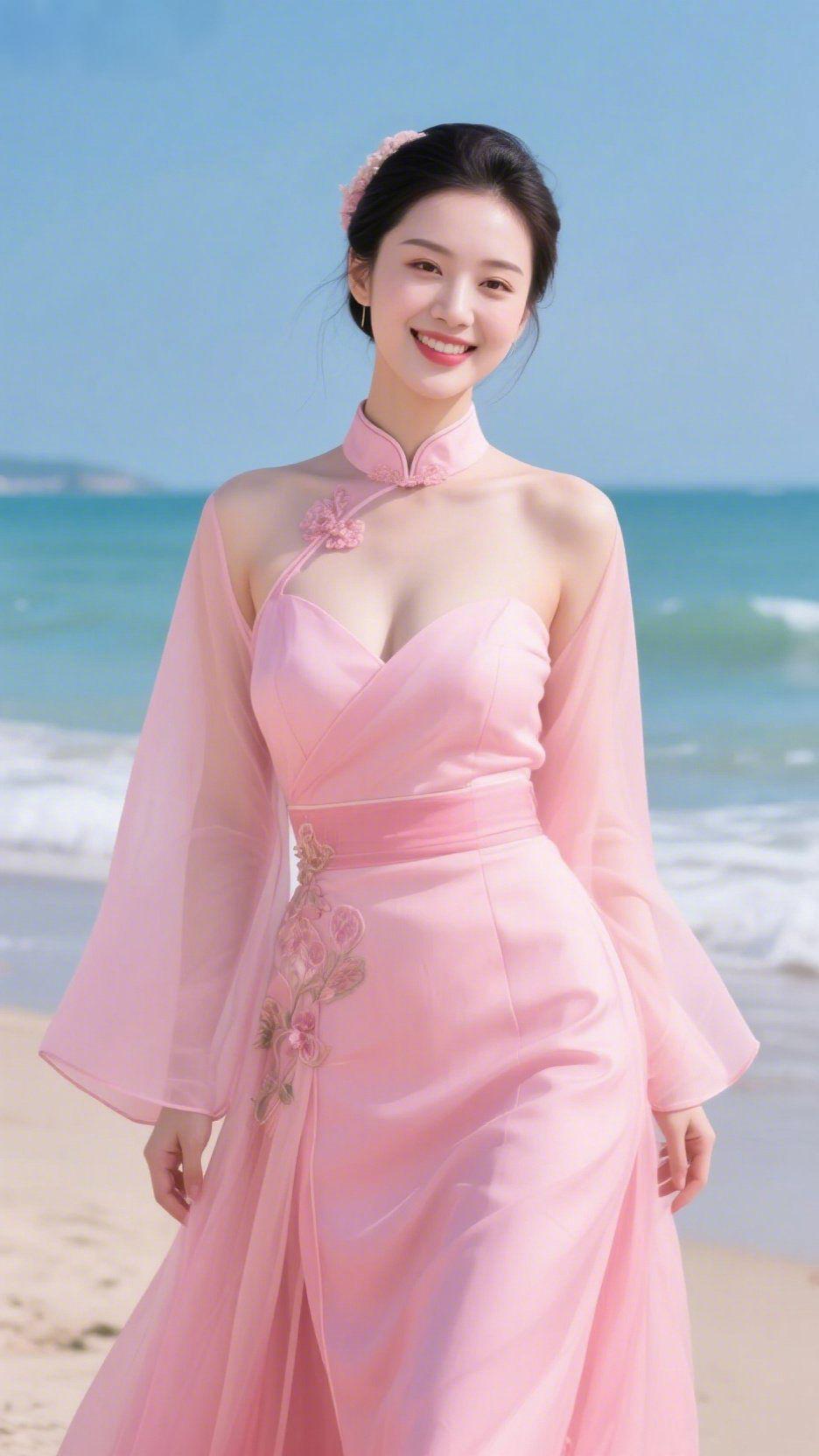 粉旗袍融海畔风澄澈的蓝天拥着碧蓝海浪，沙滩上一袭粉旗袍似揉碎了春日的桃花，