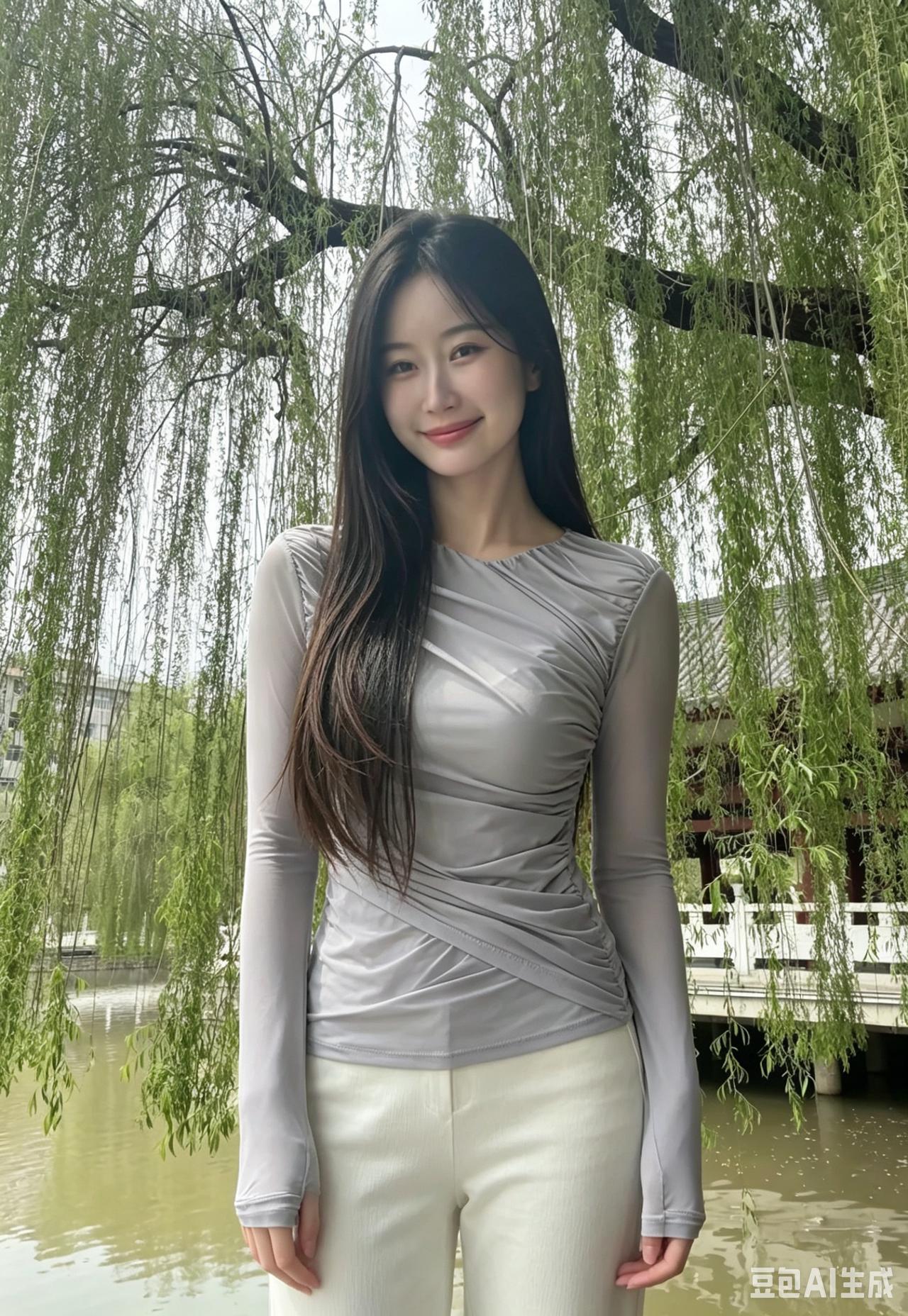 湖畔晴光映玉颜，长发垂肩意自闲。花开陌上皆失色，人间春色逊眉弯。