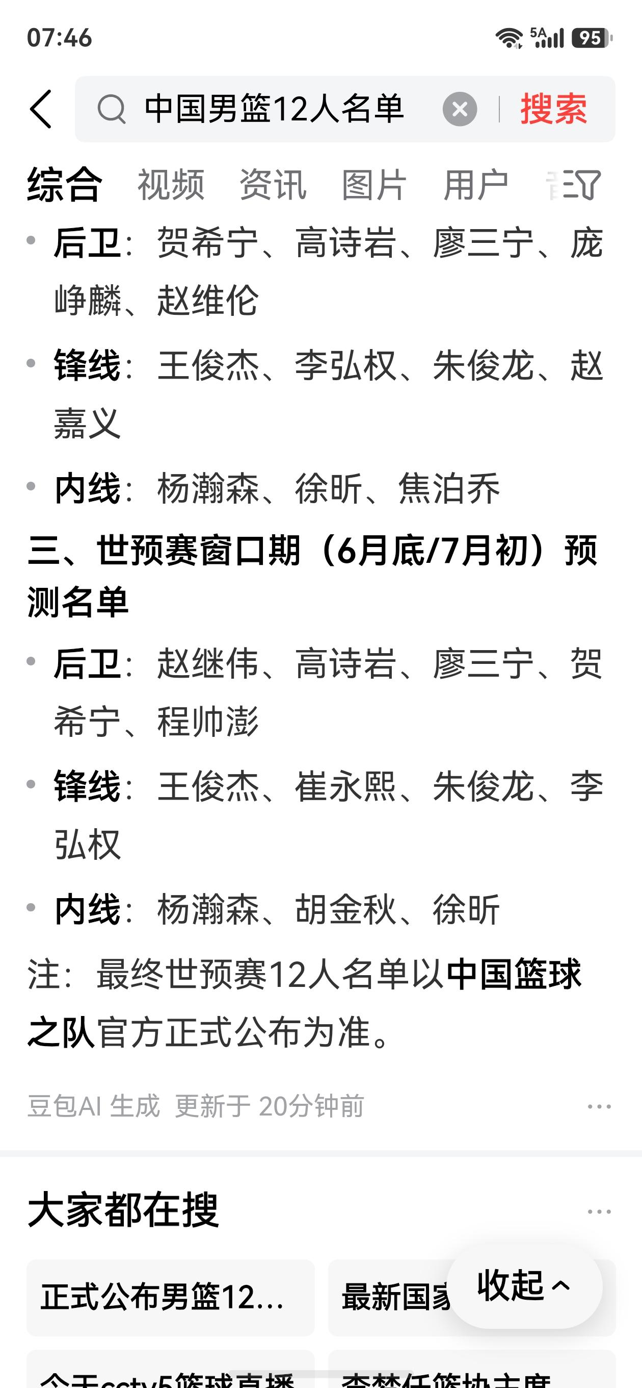 到处都是在说中国男篮世预赛12人大名单。我问了一下豆包儿。他给出了一个预测名单。