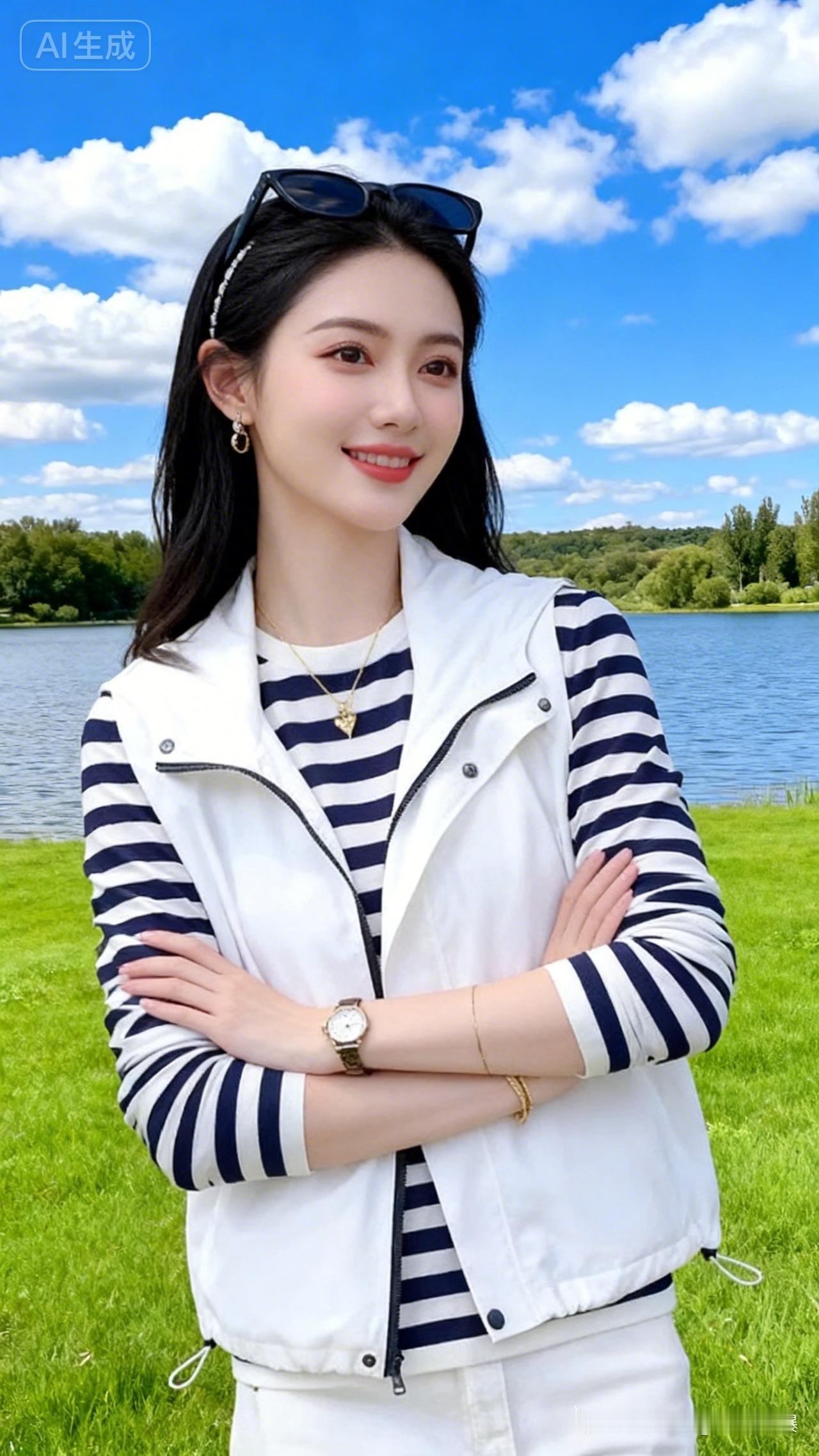 夏日清新穿搭，白色背心+条纹T恤，轻松自在，享受美好时光！🌞👗💃