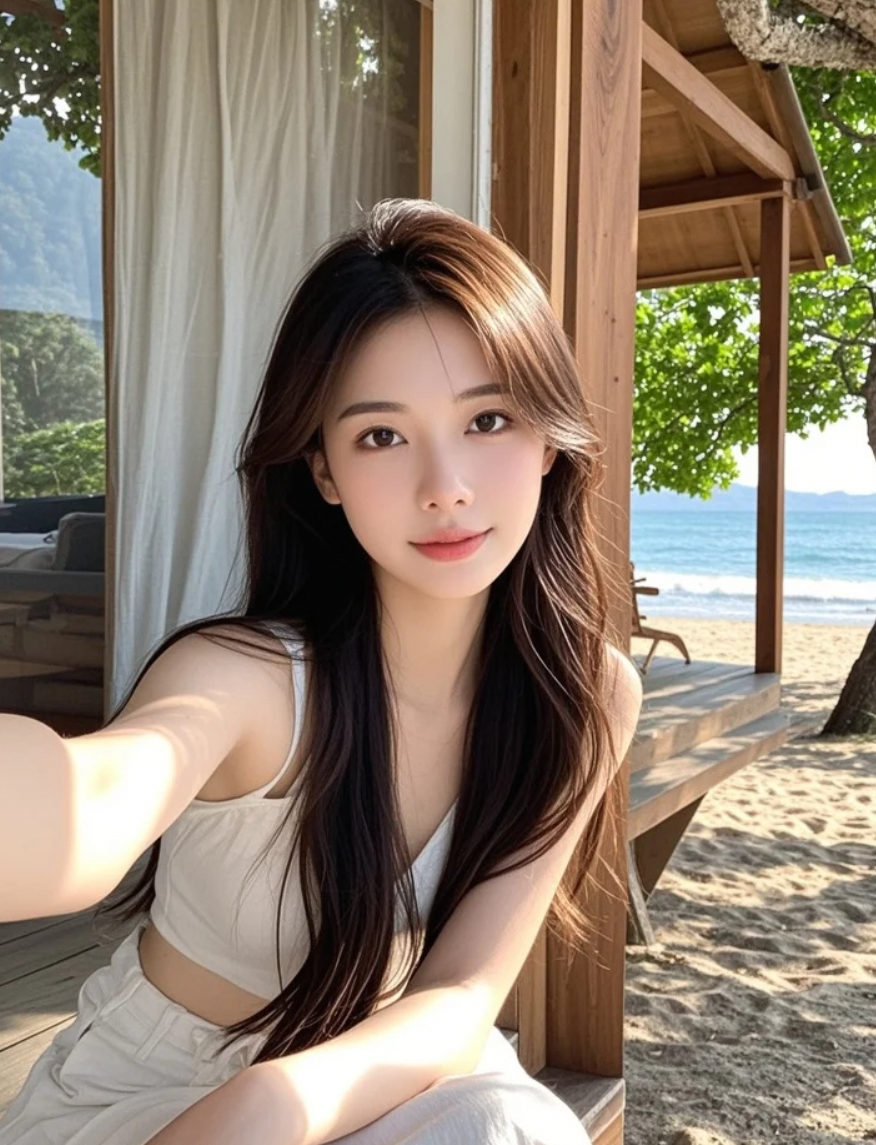 大眼凝望镜头，海风吻过发梢~