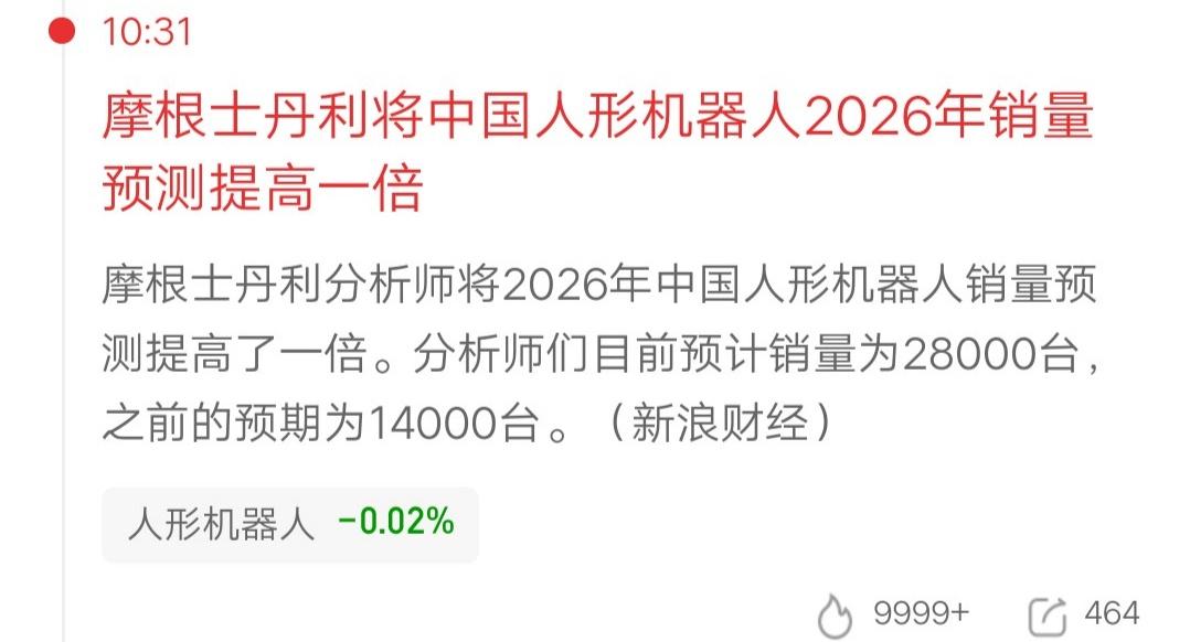 摩根士丹利最新研报：将2026年中国人形机器人销量预测提高了一倍。分析师们目前预