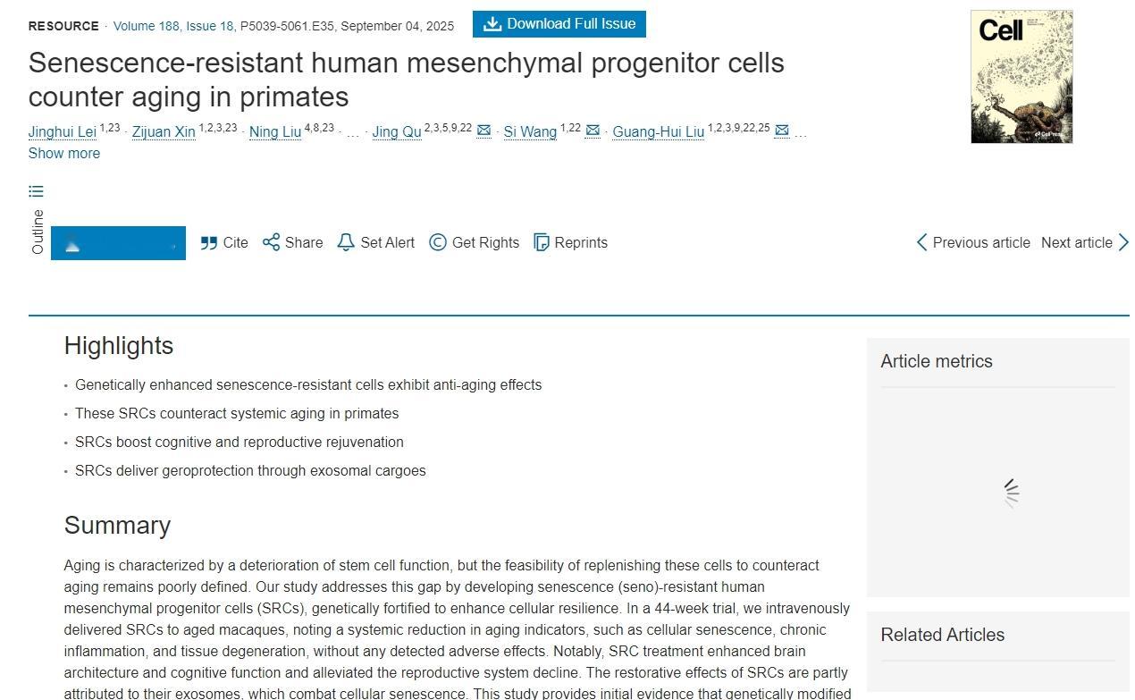 《细胞》：中国科学家们让老年猕猴在生物学上再次年轻，灵长类动物的衰老可能是可逆的