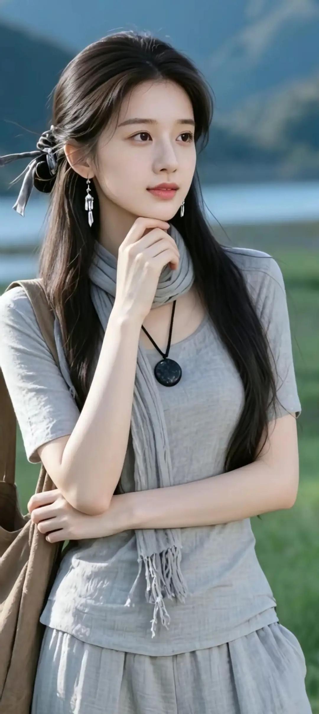 在山野间，她沉思的模样如诗如画。