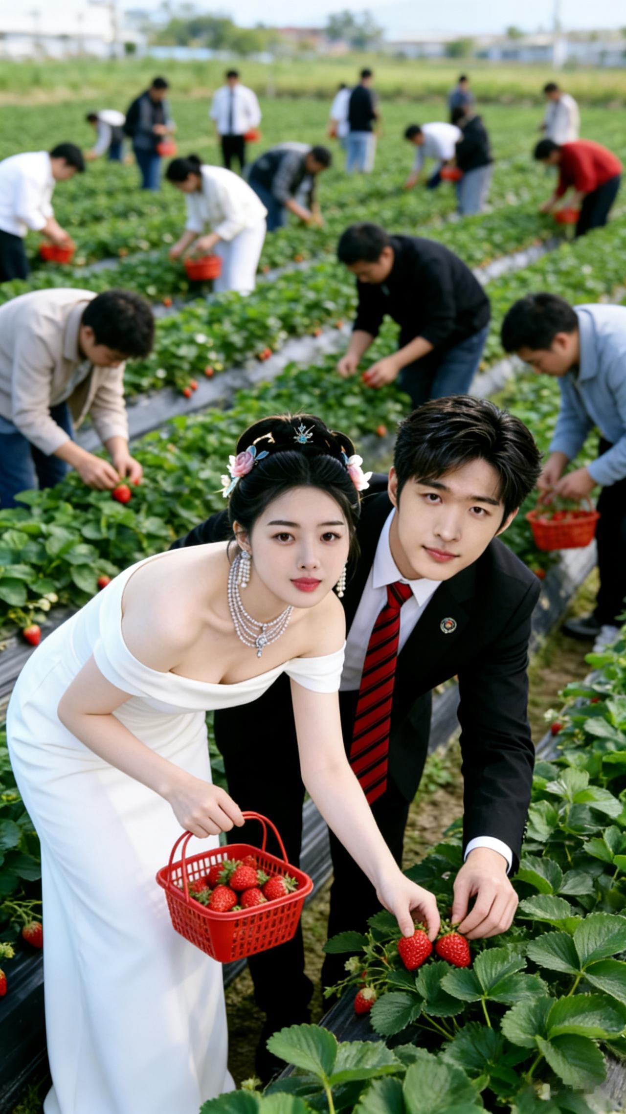 一对新人正在草莓园里采摘草莓。丰收的草莓🍓
