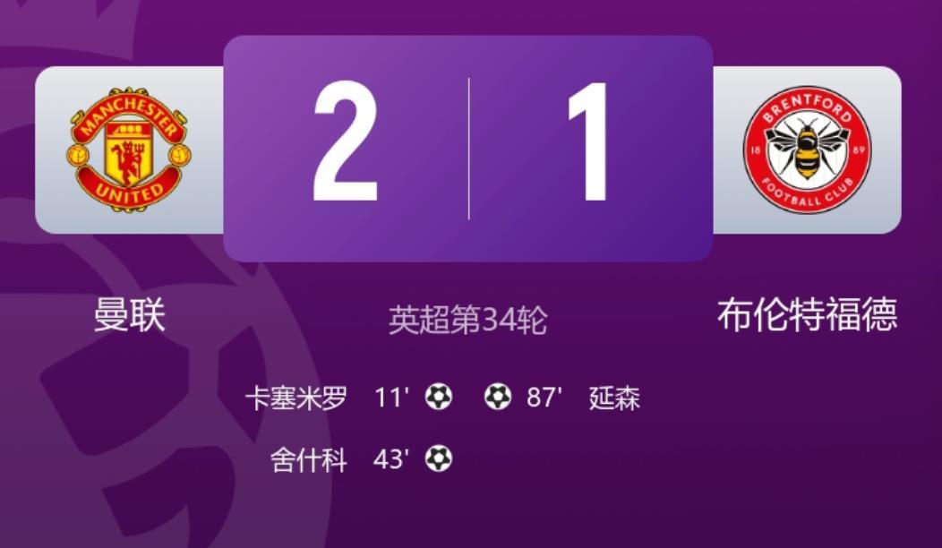 欧冠在望！曼联2-1布伦特福德B费英超第19助卡塞米罗舍什科破门4月28日讯