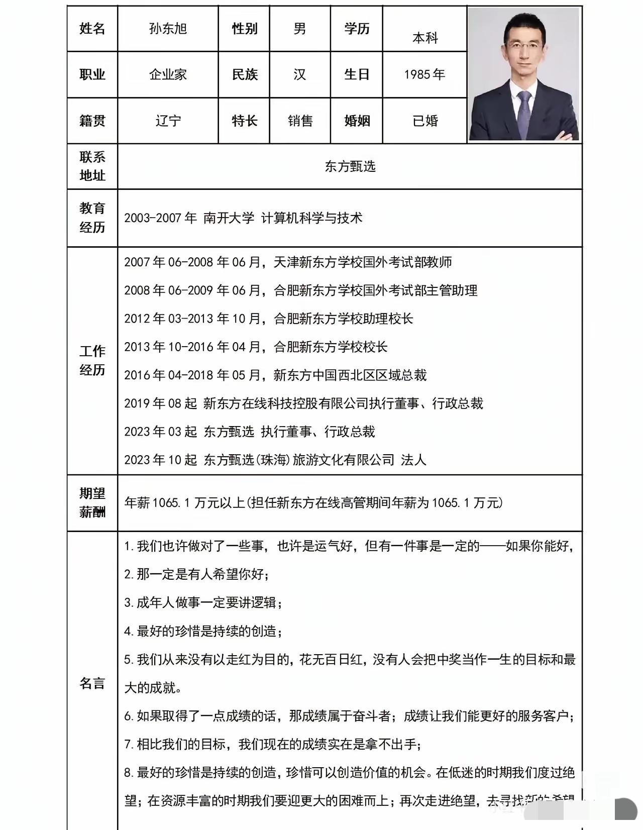 实锤了孙东旭已从东方甄选离开翻看他的履历，让人惊叹！本科毕业，年龄不到40