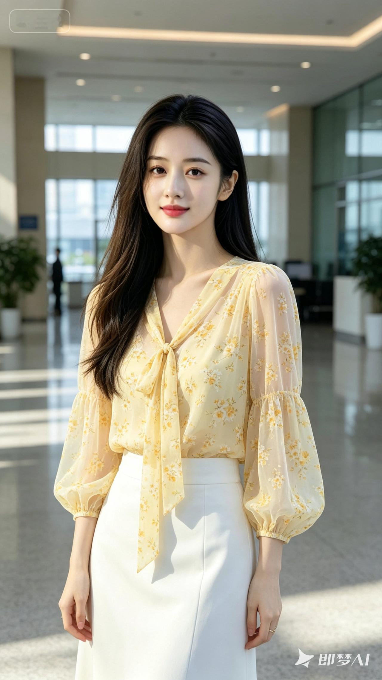 温柔优雅，气质满满，黄色印花衬衫搭配白色高腰裙，尽显女性魅力！