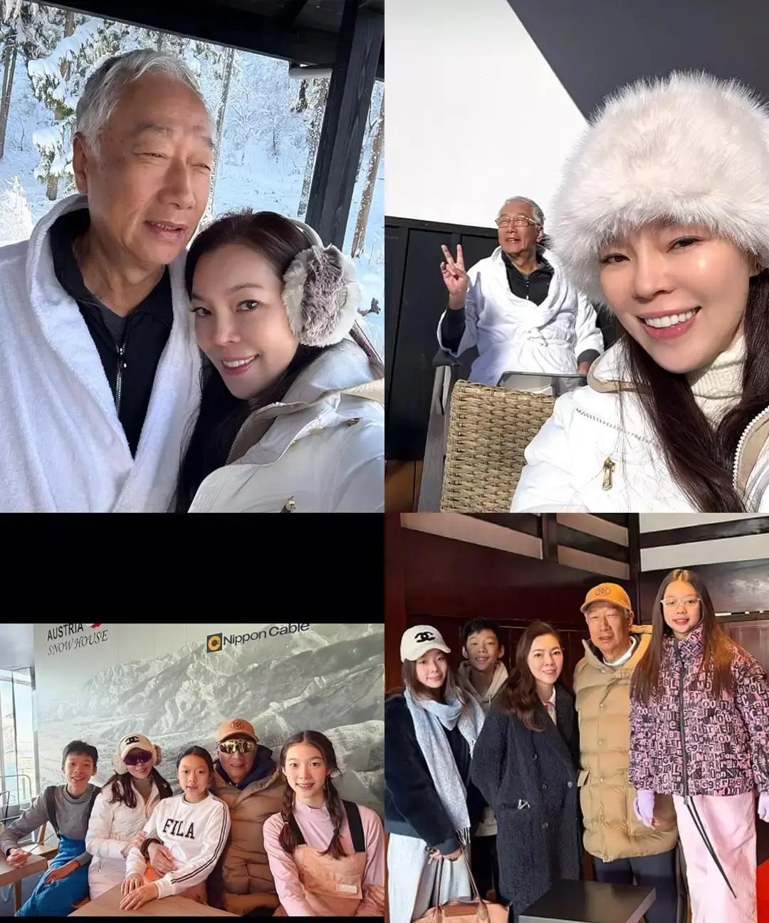 74岁富豪带娃滑雪，穿的是299块雪裤郭台铭一家五口出现在北海道二世谷。镜