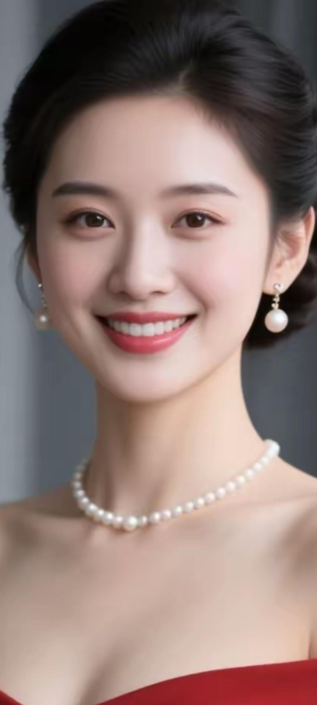优雅珍珠项链，红裙闪耀，微笑动人