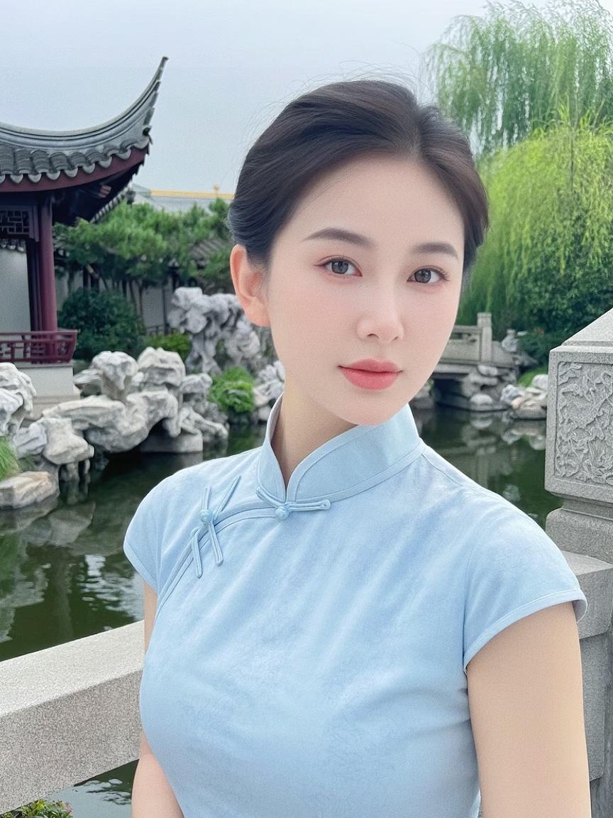 园间的青蓝浅蓝旗袍裁了半池荷风盘扣咬着领口的轻像檐角的铃，悬着江南的软