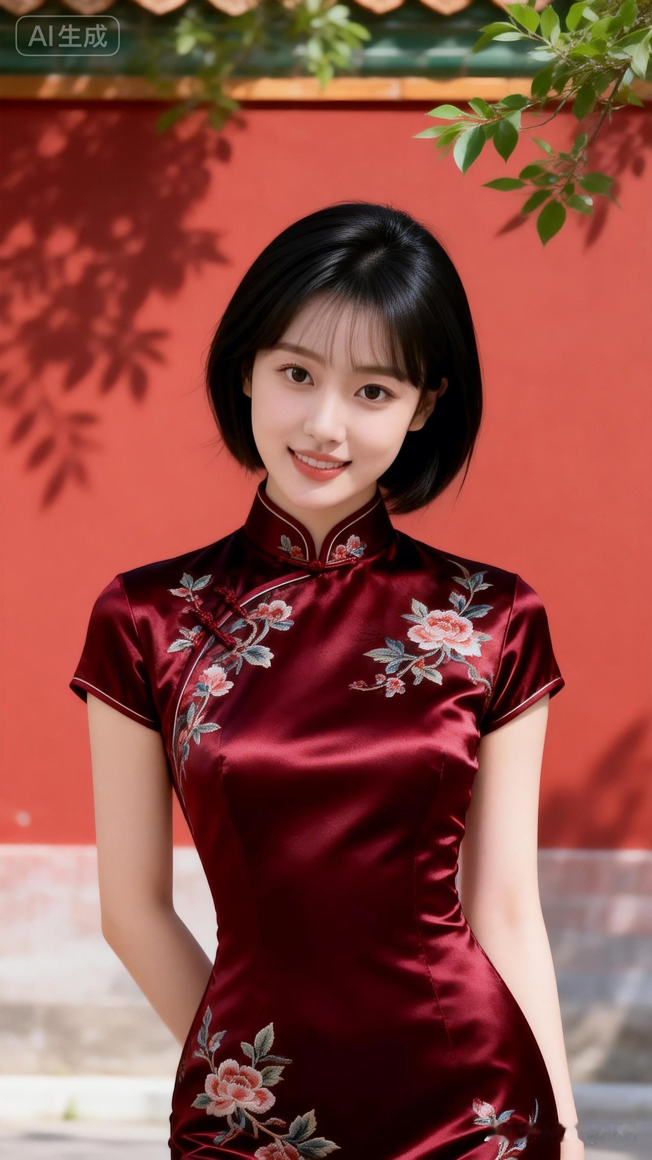 白莉姿容绝色，秋水明眸含笑迷人，玉骨冰肌胜雪，黑发垂落，酒红丝绸绣花紧身旗袍缀金