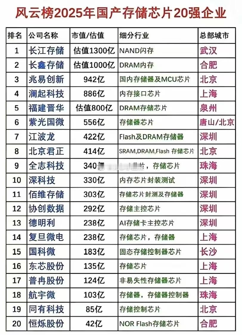 2025存储芯片20强企业！a股​​​