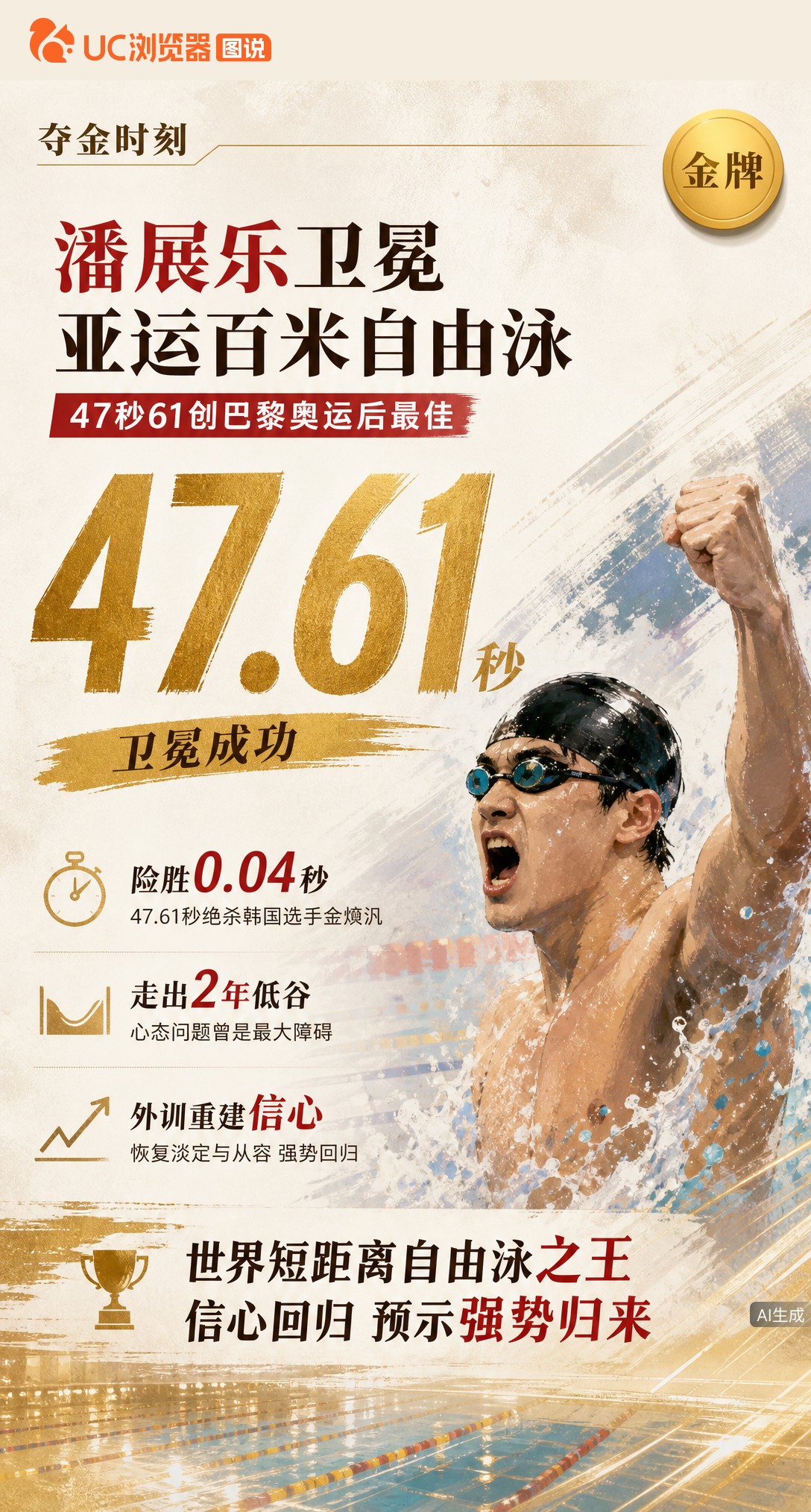 47秒61卫冕！潘展乐0.04秒险胜韩国选手夺金，游出巴黎奥运后最佳。两年低谷熬过，这枚金牌赢在心态