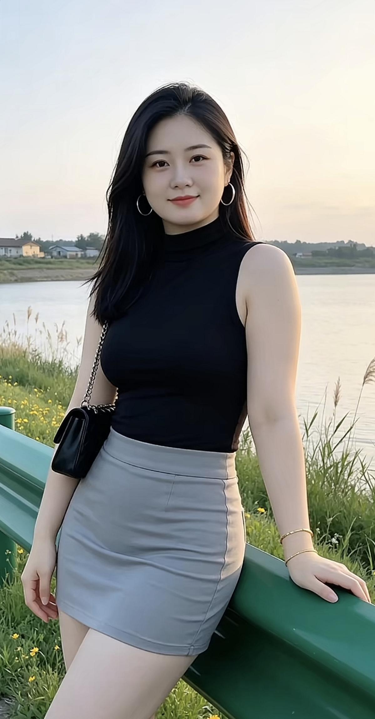 湖畔佳人，碧水清风。一步短裙，时尚温柔。