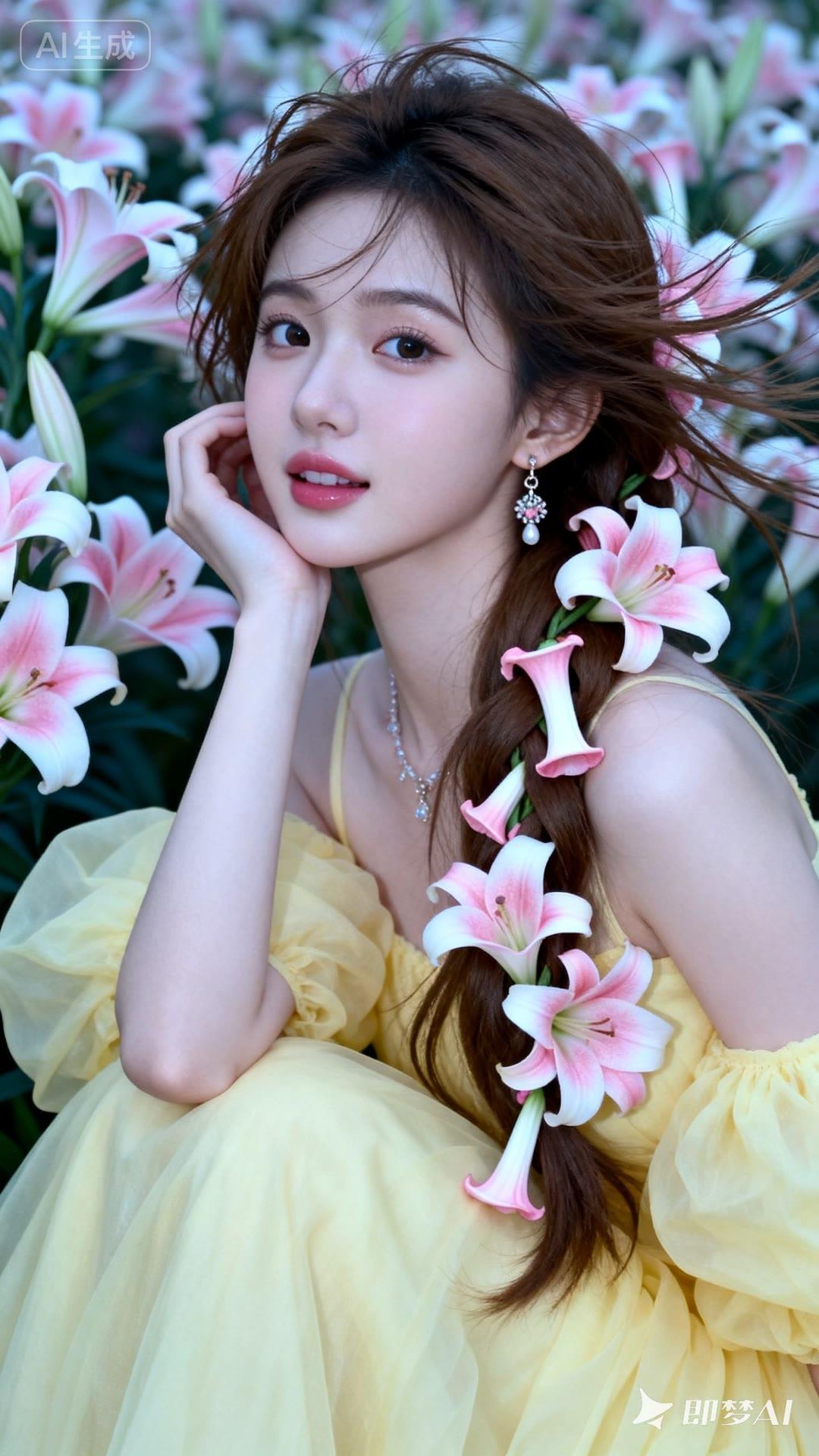 梦幻花海中的少女，粉白相间的百合花与她相映成趣，仿佛置身童话世界。