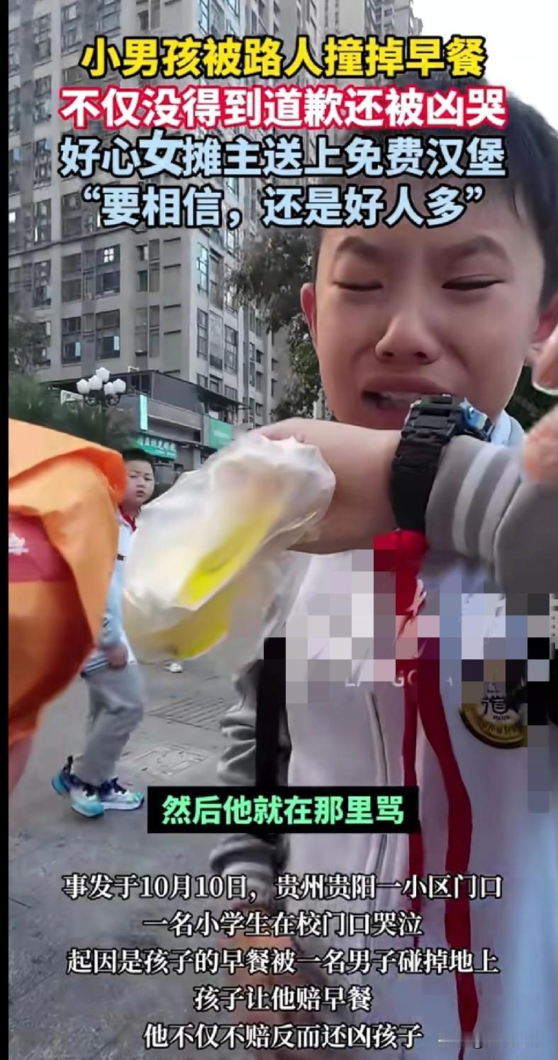 “家人们谁懂啊！贵阳一小男孩好好拿着早餐，被路人一下撞地上了，结果那路人不仅不道