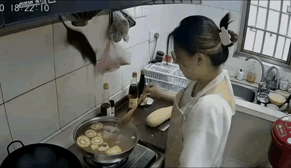 女子正在厨房里煮汤，万万没有想到，抽油烟机的通风口里面会跳下一只老鼠，正好掉在锅