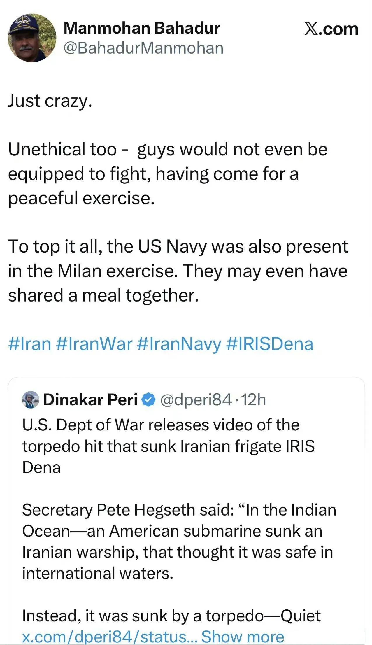 美军潜艇在印度周边海域击沉伊朗驱逐舰“德纳”号，不少印度人感到很愤怒。印度前印度