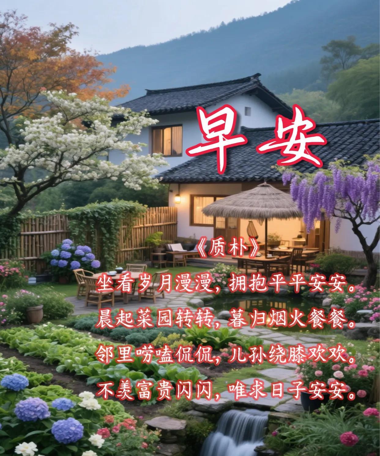 朋友：早安！《质朴》坐看岁月漫漫，拥抱平平安安。晨起菜园转转，暮归烟火餐餐