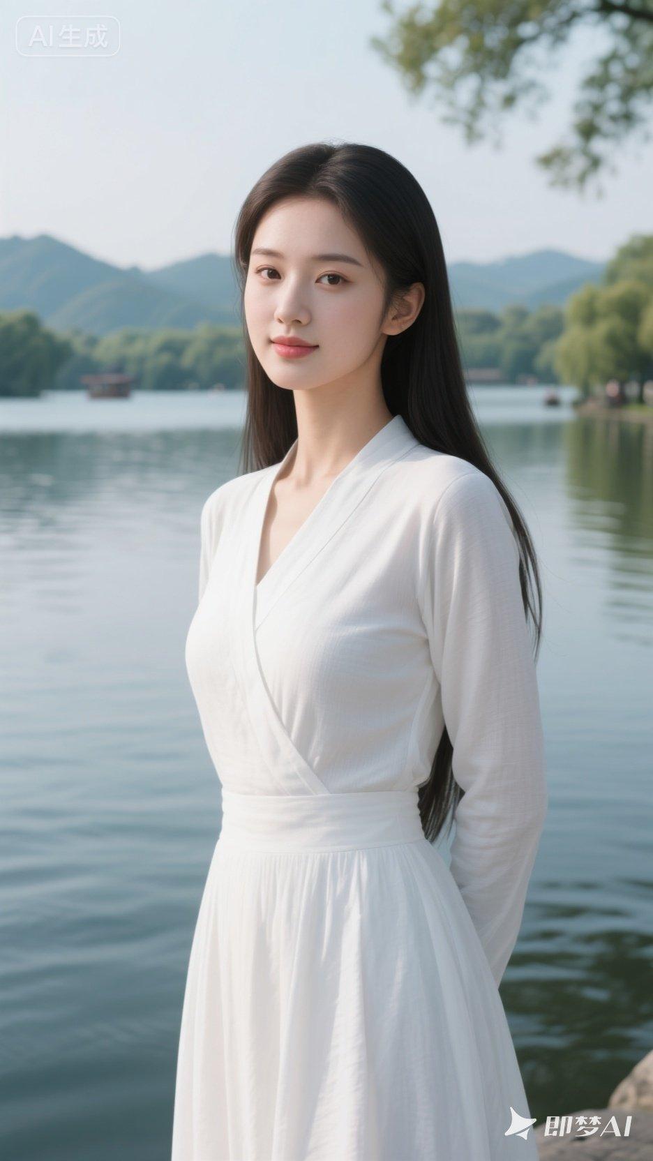 一个穿白裙的姑娘站在湖边。