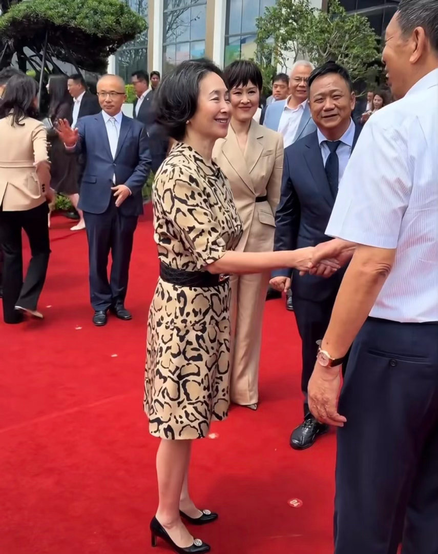 64岁何超琼深圳剪彩，穿2W豹纹裙踩7000块高跟鞋，头发白了也优雅​
