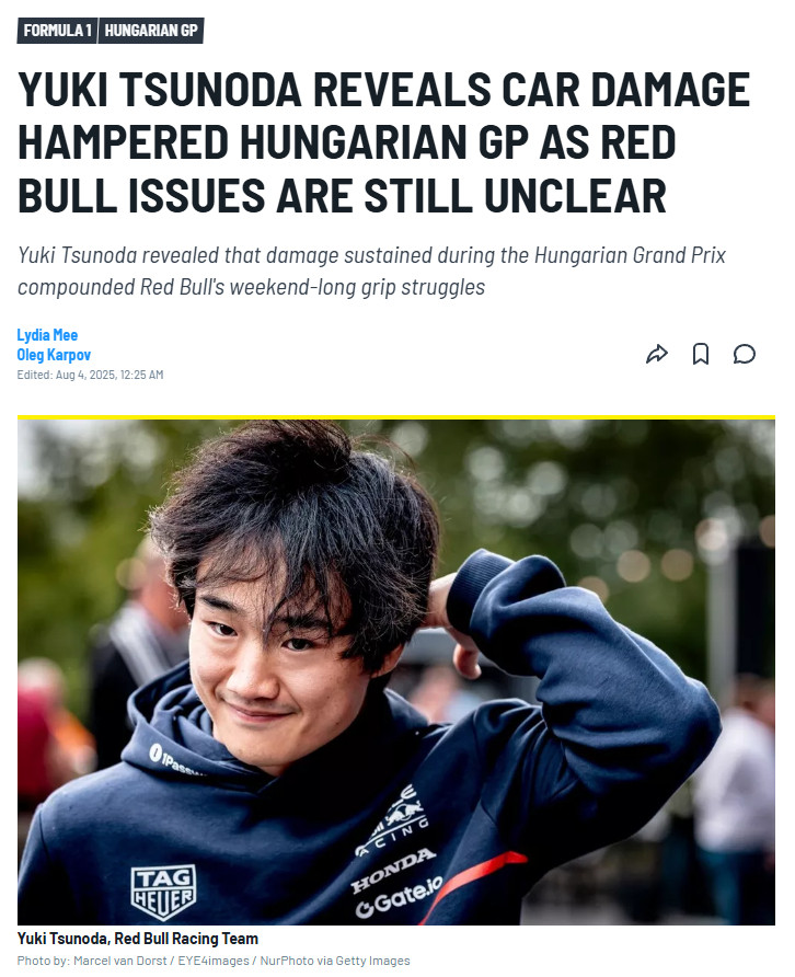 角田裕毅表示在匈牙利站正赛中段到结束，他的赛车有受损，这让他损失了很多速度。周一