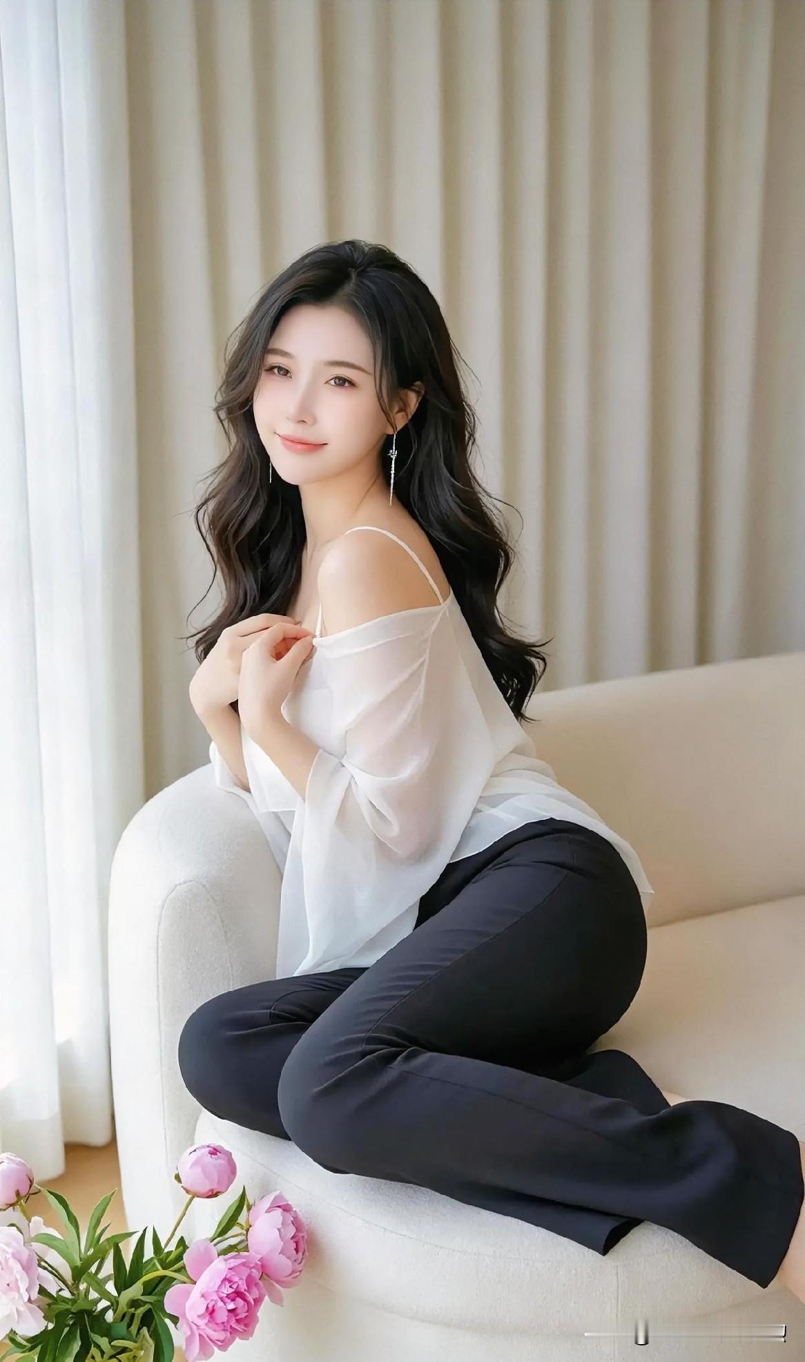 现代散文诗白纱轻笼柔肩，粉花倚在窗前。她低眉浅笑，如晨光里初绽的温柔，静
