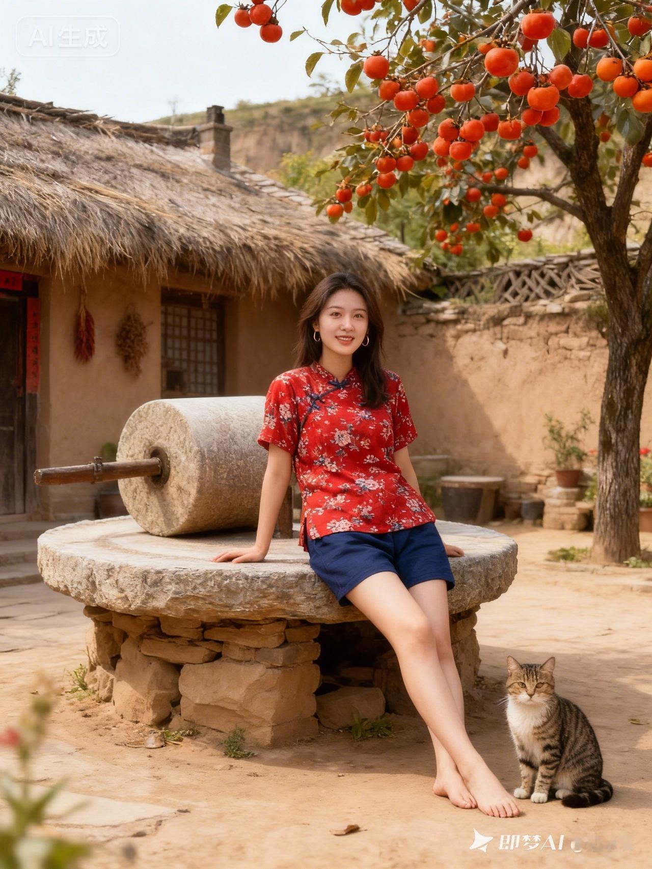 在古朴的院落里，红衣少女与猫咪相伴，静享悠闲时光。