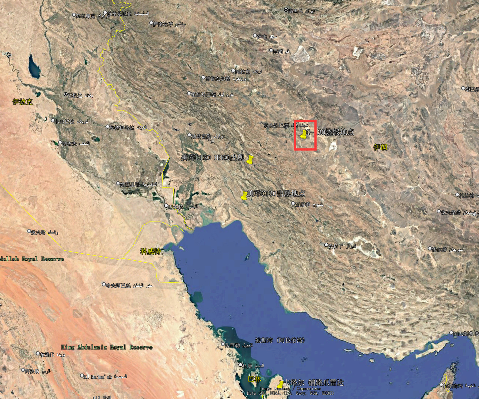 🔻定位了美军烧毁C-130运输机的位置，在伊斯法罕南部郊区，距离伊斯法罕城区大